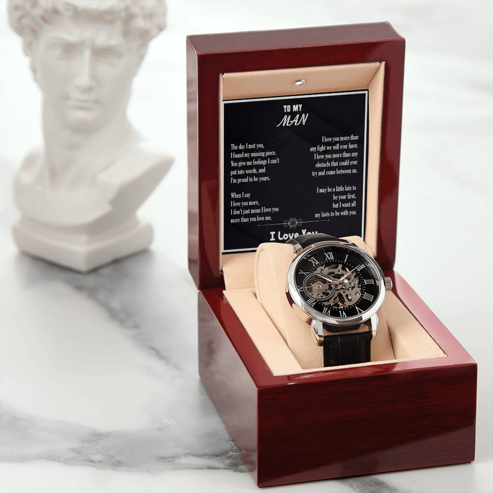 Men’s Openwork Watch – Love You More Gift for Boyfriend or Husband, Luxury Automatic Skeleton Dial, Genuine Leather Band, Romantic Gift for Him