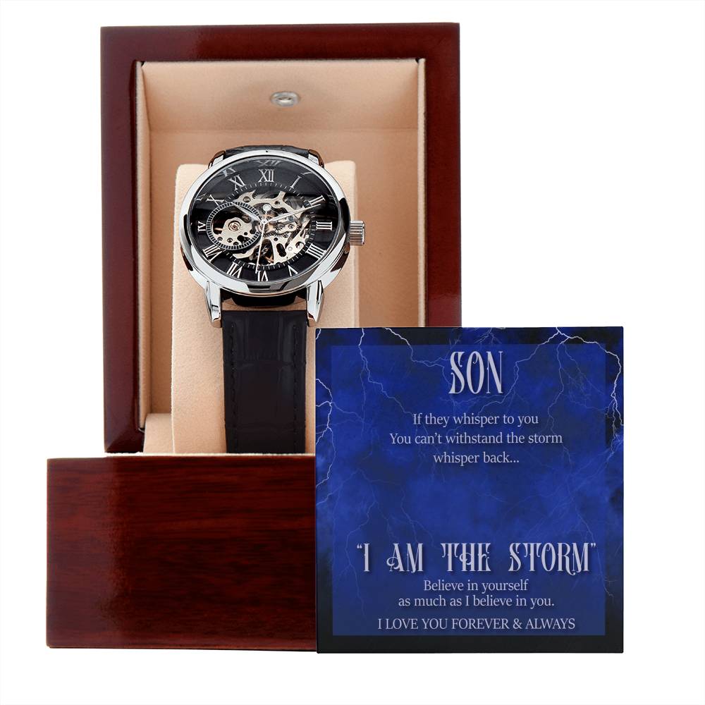 Men’s Openwork Watch – Inspirational Gift for Son, Luxury Automatic Skeleton Dial, Genuine Leather Band, Motivational Gift from Mom or Dad