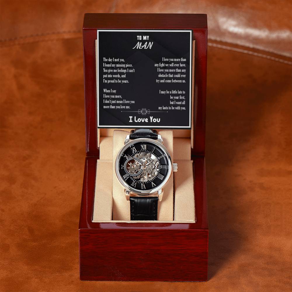 Men’s Openwork Watch – Love You More Gift for Boyfriend or Husband, Luxury Automatic Skeleton Dial, Genuine Leather Band, Romantic Gift for Him