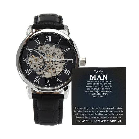 Men’s Openwork Watch – Sentimental Gift for Boyfriend or Husband, Luxury Automatic Skeleton Dial, Genuine Leather Band, Romantic Gift for Him