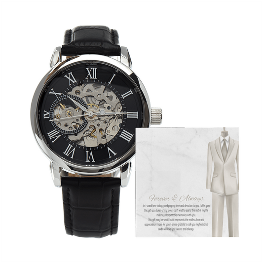 Men's Openwork Watch – Forever & Always Wedding Gift for Husband, Luxury Automatic Skeleton Dial, Genuine Leather Band, Timeless Anniversary Gift