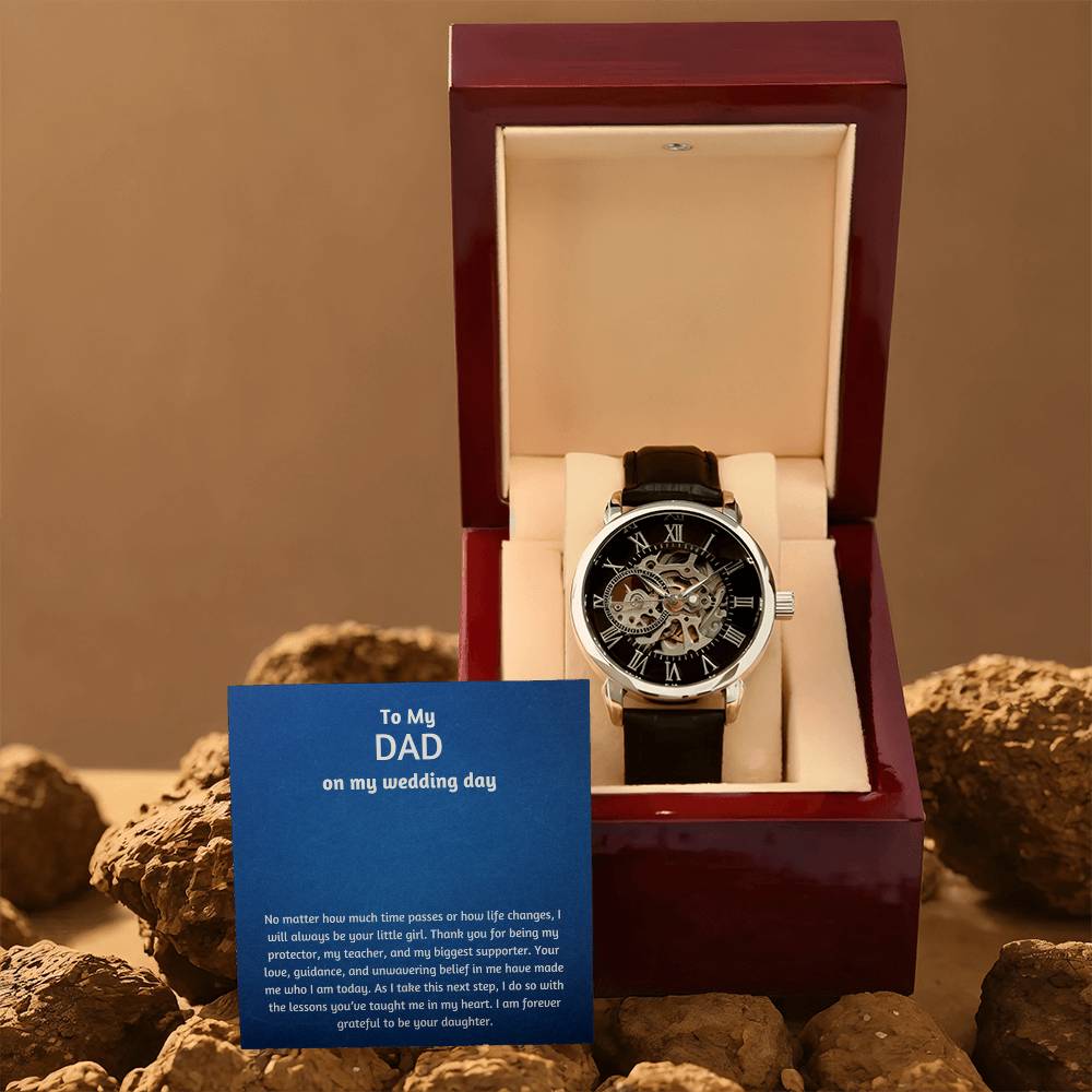 Men’s Openwork Watch – Wedding Day Gift for Dad, Luxury Automatic Skeleton Dial, Genuine Leather Band, Sentimental Gift from Daughter