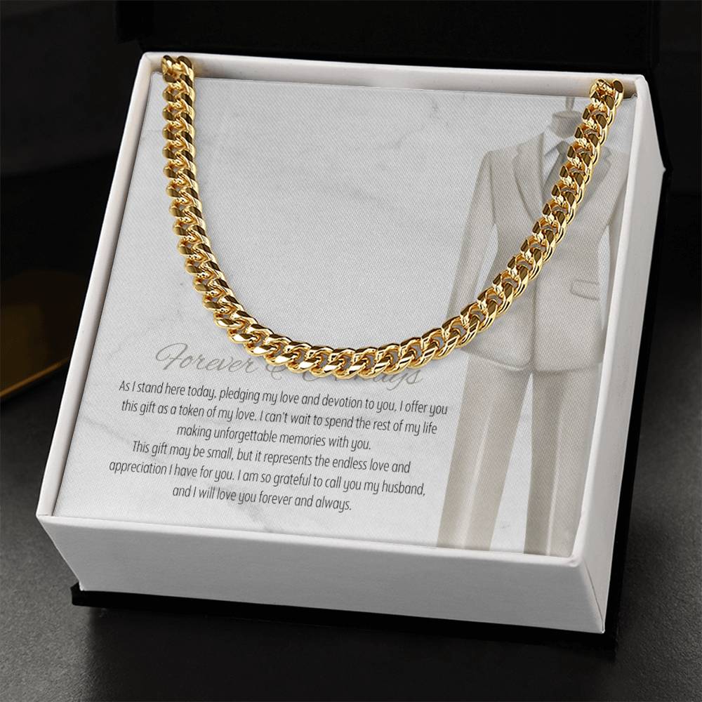 Men’s Cuban Link Chain – Forever & Always Wedding Gift for Husband, Stainless Steel or 14K Gold, Adjustable Necklace, Sentimental Groom Gift