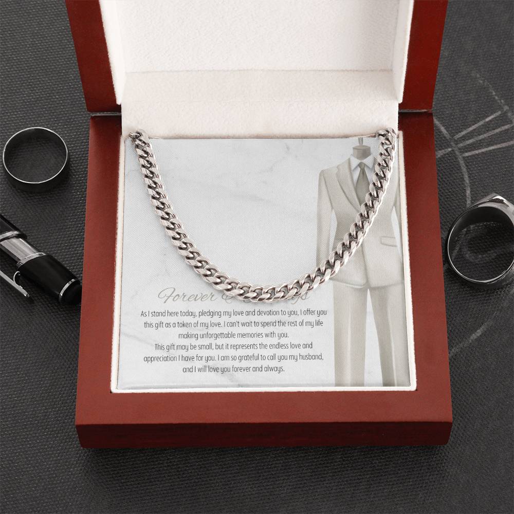 Men’s Cuban Link Chain – Forever & Always Wedding Gift for Husband, Stainless Steel or 14K Gold, Adjustable Necklace, Sentimental Groom Gift