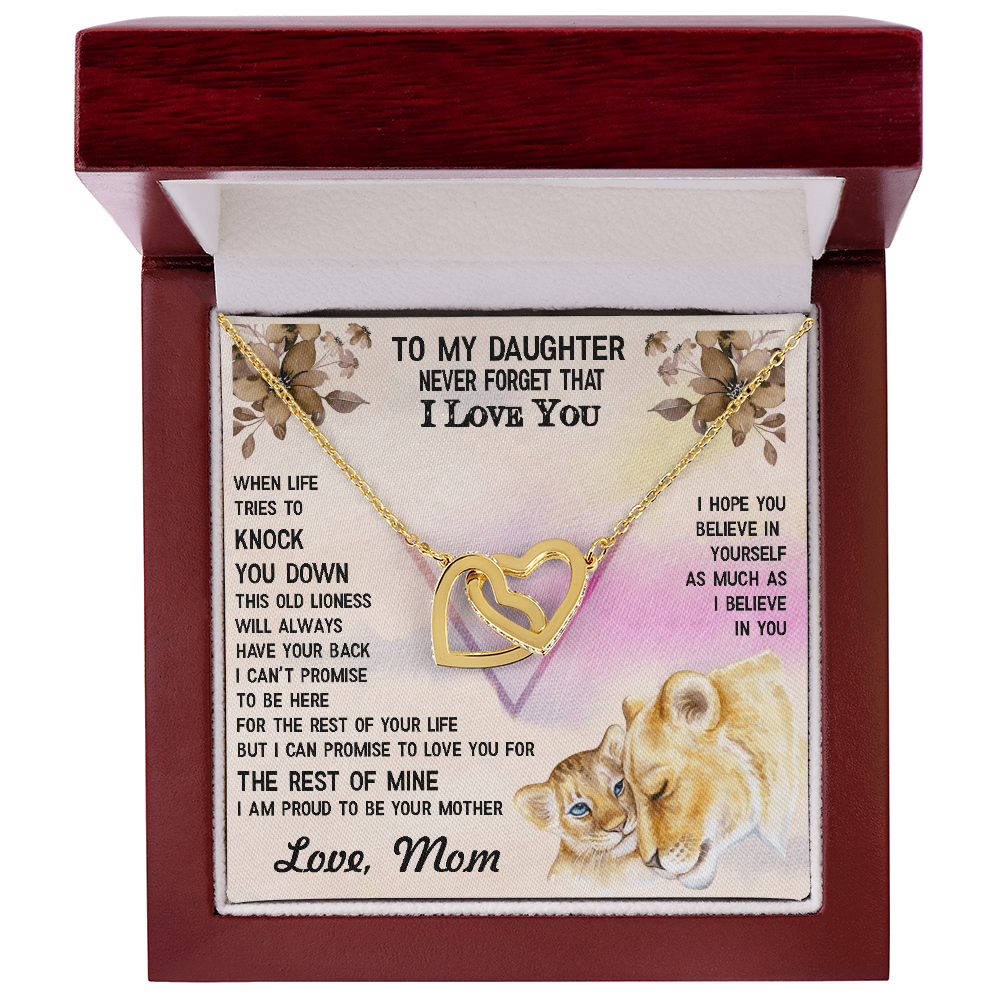 To My Daughter – Interlocking Hearts Necklace- No Matter What, I Will Always Love You – Lioness-Themed Message from Mom – Emotional Jewelry Gift for Birthday or Graduation