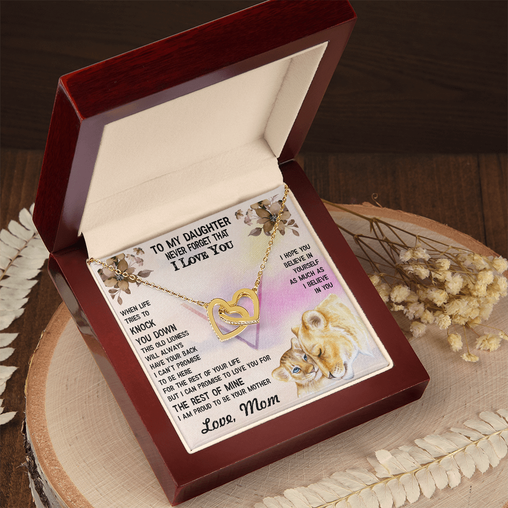 To My Daughter – Interlocking Hearts Necklace- No Matter What, I Will Always Love You – Lioness-Themed Message from Mom – Emotional Jewelry Gift for Birthday or Graduation