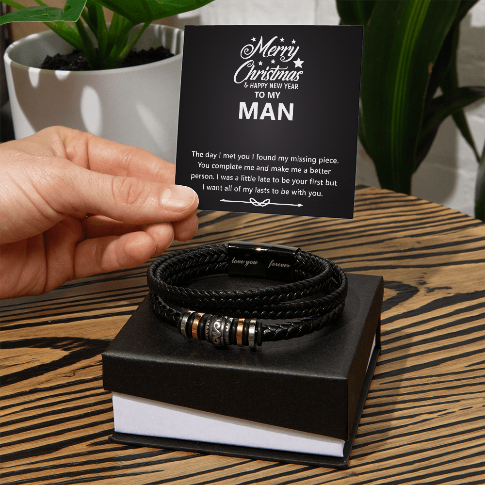 Men's Engraved Bracelet – Christmas & New Year Gift for Him, Vegan Leather & Stainless Steel, Magnetic Clasp, Sentimental Gift for Husband or Boyfriend
