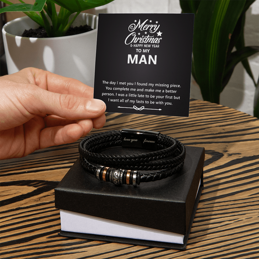 Men's Engraved Bracelet – Christmas & New Year Gift for Him, Vegan Leather & Stainless Steel, Magnetic Clasp, Sentimental Gift for Husband or Boyfriend