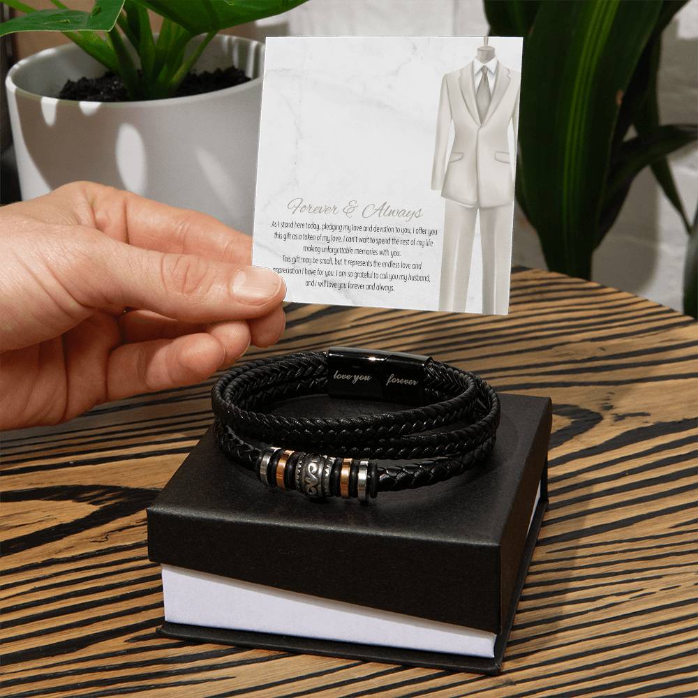 Men’s Engraved Bracelet – Forever & Always Wedding Gift for Husband, Vegan Leather & Stainless Steel, Magnetic Clasp, Sentimental Groom Gift