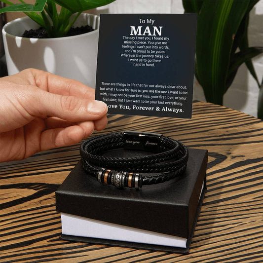 Men’s Engraved Bracelet – Sentimental Gift for Boyfriend or Husband, Vegan Leather & Stainless Steel, Magnetic Clasp, Romantic Gift for Him
