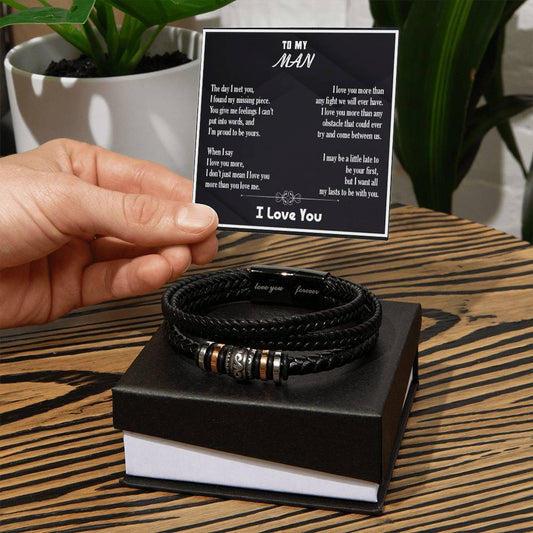 Men’s Engraved Bracelet – Love You More Gift for Boyfriend or Husband, Vegan Leather & Stainless Steel, Magnetic Clasp, Romantic Gift for Him