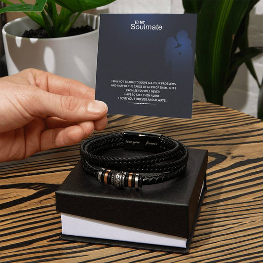 Men’s Engraved Bracelet – To My Soulmate Gift, Vegan Leather & Stainless Steel, Magnetic Clasp, Romantic Anniversary or Birthday Gift for Him