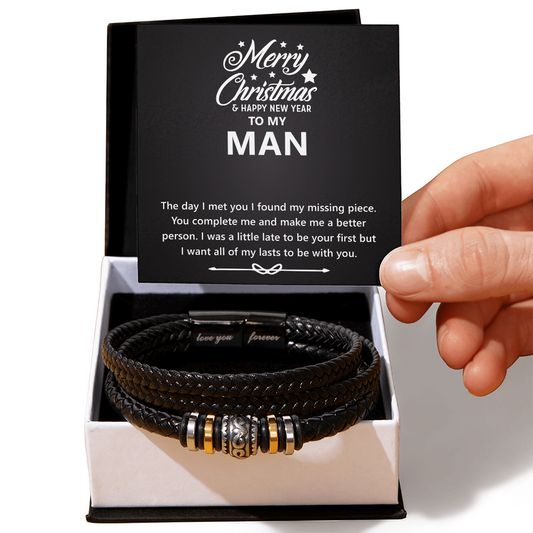 Men's Engraved Bracelet – Christmas & New Year Gift for Him, Vegan Leather & Stainless Steel, Magnetic Clasp, Sentimental Gift for Husband or Boyfriend