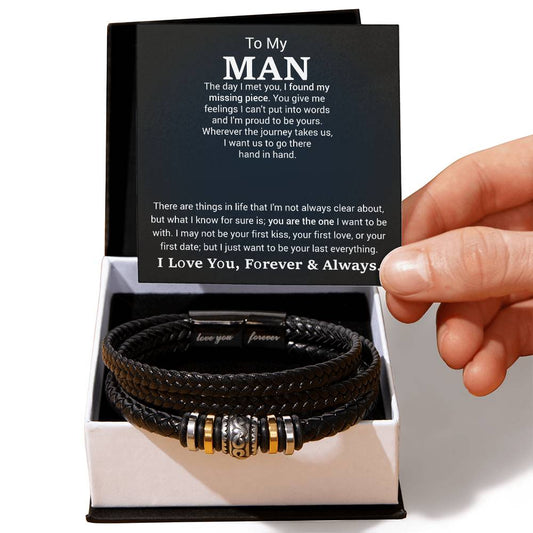Men’s Engraved Bracelet – Sentimental Gift for Boyfriend or Husband, Vegan Leather & Stainless Steel, Magnetic Clasp, Romantic Gift for Him