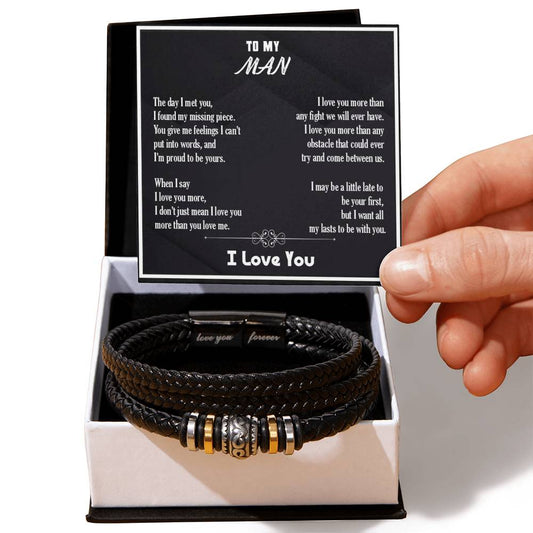 Men’s Engraved Bracelet – Love You More Gift for Boyfriend or Husband, Vegan Leather & Stainless Steel, Magnetic Clasp, Romantic Gift for Him