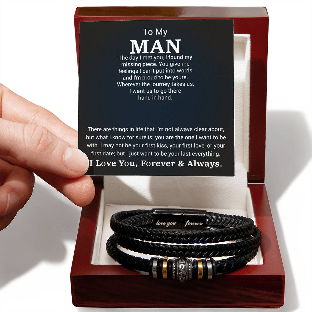 Men’s Engraved Bracelet – Sentimental Gift for Boyfriend or Husband, Vegan Leather & Stainless Steel, Magnetic Clasp, Romantic Gift for Him