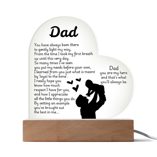 Heart LED Acrylic Plaque for Dad – Father's Day, Birthday, Christmas Gift – Sentimental Poem Night Light