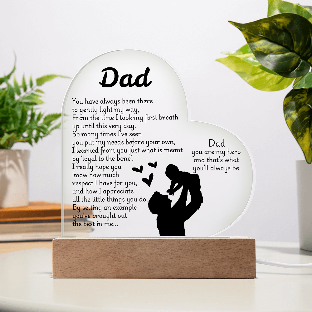 Heart LED Acrylic Plaque for Dad – Father's Day, Birthday, Christmas Gift – Sentimental Poem Night Light