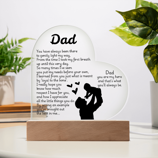Heart LED Acrylic Plaque for Dad – Father's Day, Birthday, Christmas Gift – Sentimental Poem Night Light