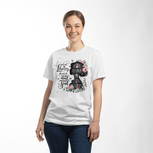 And Into the Library She Goes T-Shirt Book Lover TeeReading Aesthetic Literary Shirt for Women Bella+Canvas 3001 Gift
