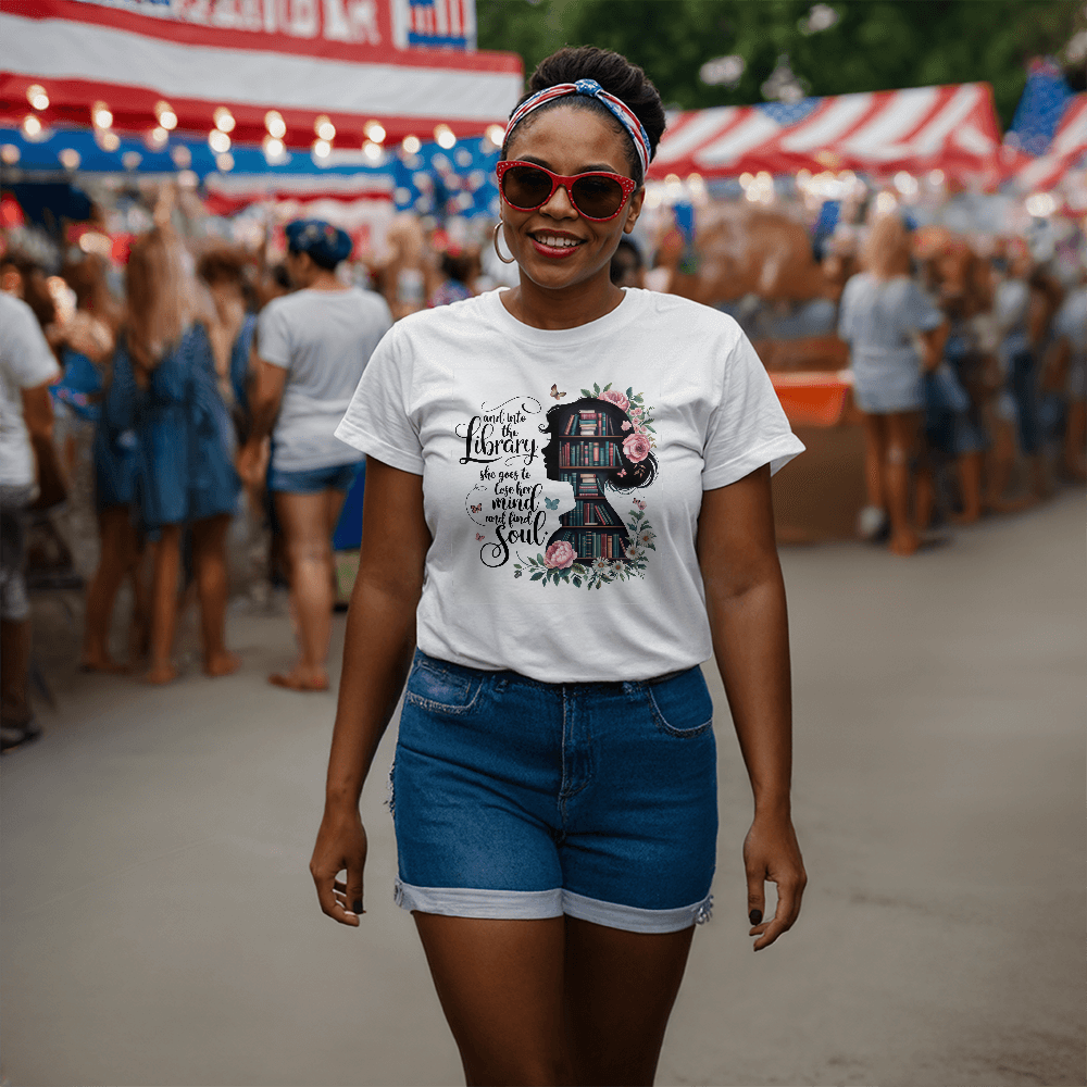 And Into the Library She Goes T-Shirt Book Lover TeeReading Aesthetic Literary Shirt for Women Bella+Canvas 3001 Gift