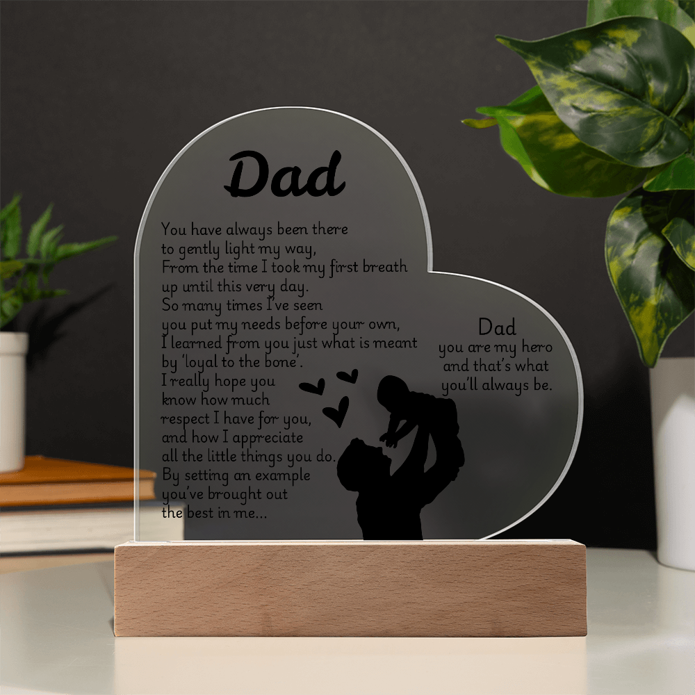 Heart LED Acrylic Plaque for Dad – Father's Day, Birthday, Christmas Gift – Sentimental Poem Night Light