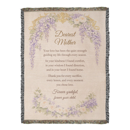 Dearest Mother Woven Blanket, Heirloom Mother's Day Blanket, Gift for Mom from Daughter or Son, Regency Wisteria Keepsake Throw
