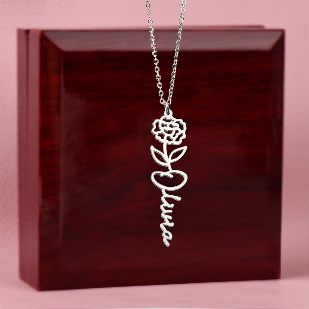 Personalized Birth Flower Name Necklace – Custom Vertical Signature Script Pendant Gift