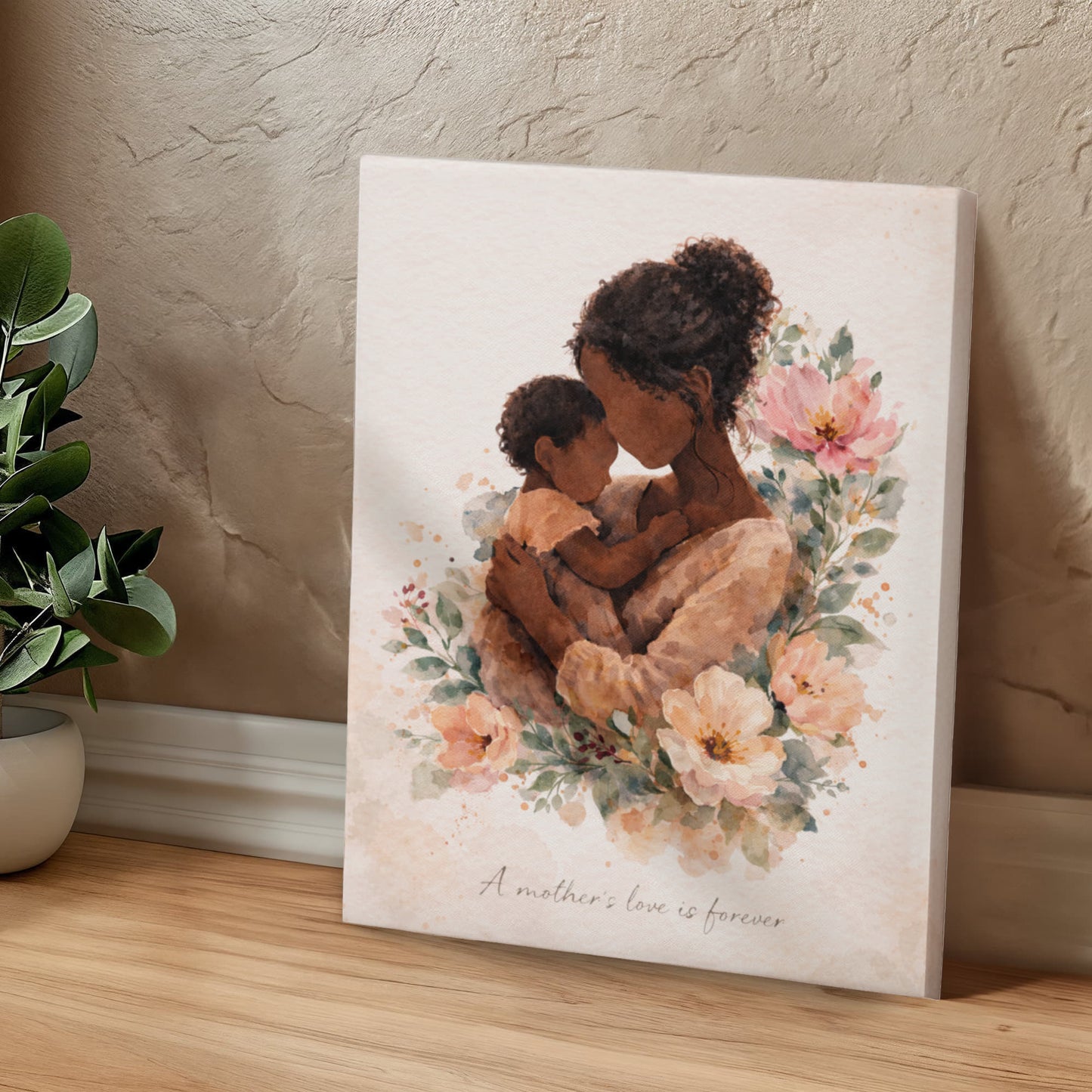 Dark Skin Mother and Child Watercolor Canvas Wall Art | Elegant Motherhood Artwork | Meaningful Mother's Day Gift