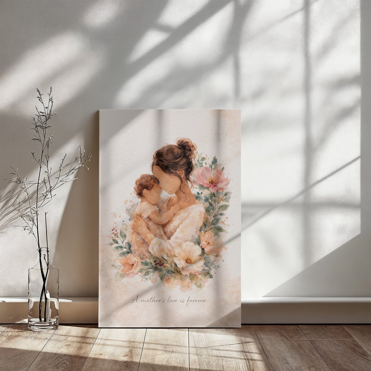 Fair Skin Mother and Child Watercolor Canvas Wall Art | Elegant Motherhood Artwork | Meaningful Mother's Day Gift