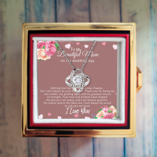 Wedding Day Gift for Mom from Daughter – Love Knot Necklace with Rotating Rose & Sentimental Message Card