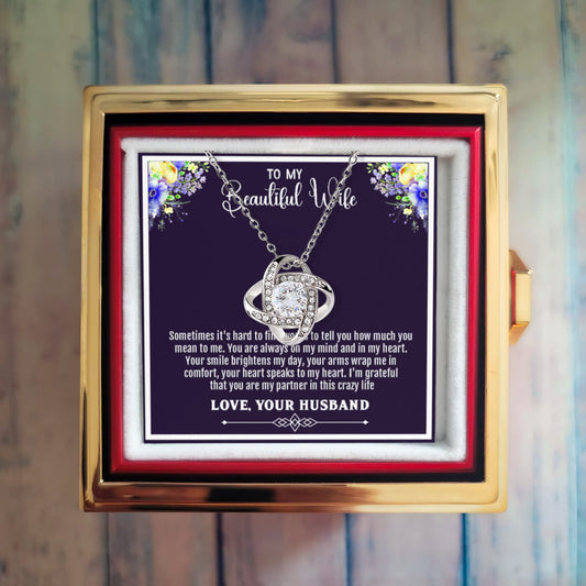 Love Knot Necklace, To My Beautiful Wife – Heartfelt Message Card Gift from Husband Expressing Deep Love, Gratitude, and Appreciation – Romantic Keepsake for Wife