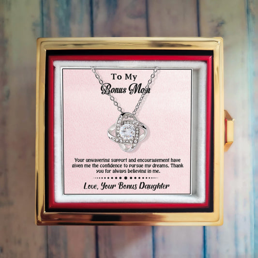 To My Bonus Mom – Love Knot Necklace -Thank You for Believing in Me – Heartfelt Gift from Bonus Daughter – Message Card That Honors Her Unwavering Support, Birthday Gift