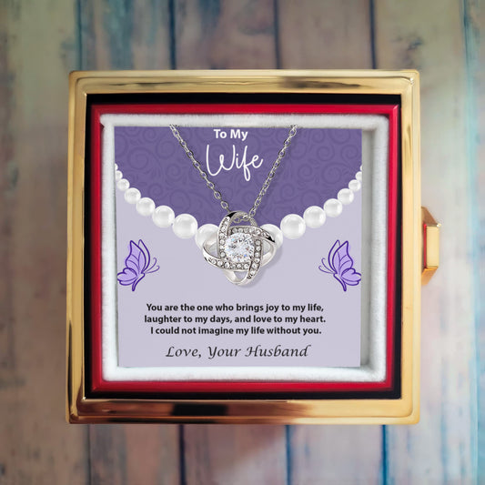 To My Wife - Love Knot Necklace, Elegant Pearl & Butterfly Message Card Gift From Husband