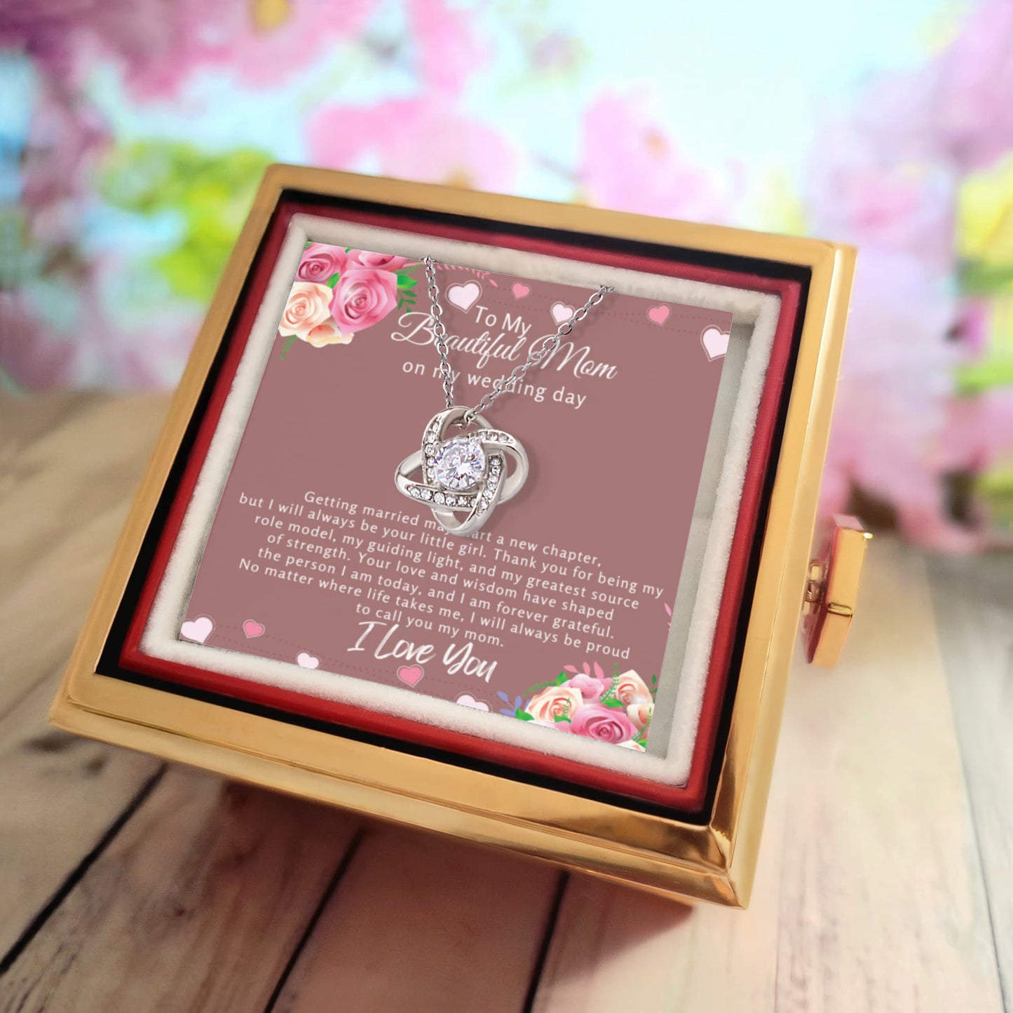 Wedding Day Gift for Mom from Daughter – Love Knot Necklace with Rotating Rose & Sentimental Message Card