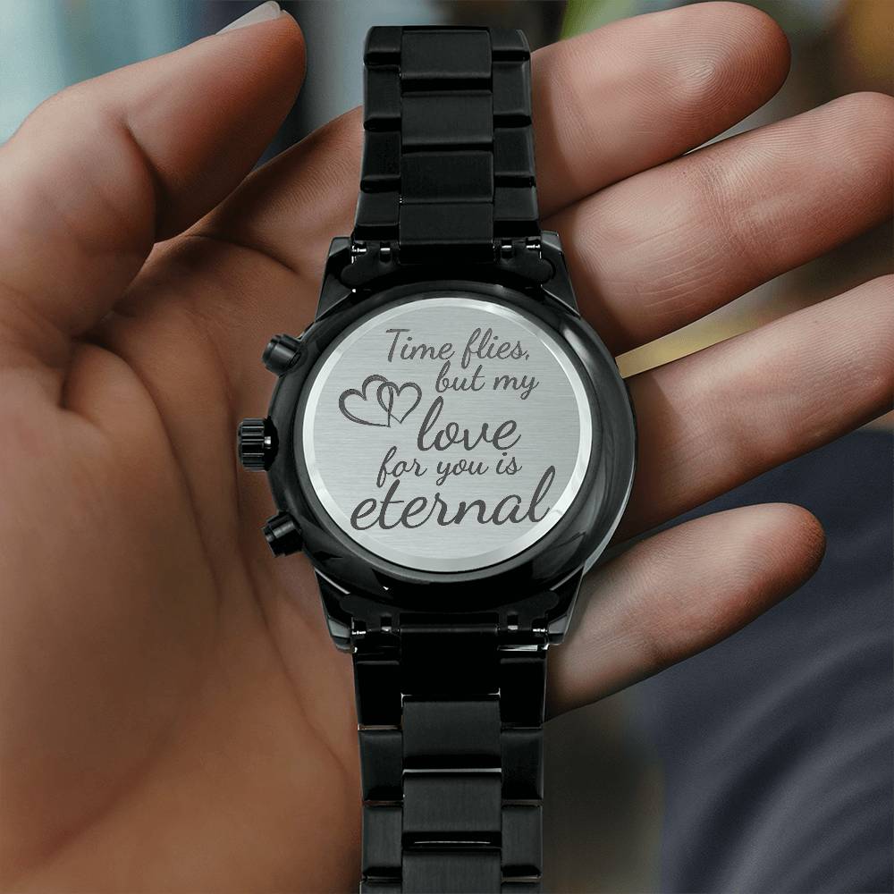 Eternal Love Engraved Black Chronograph Watch