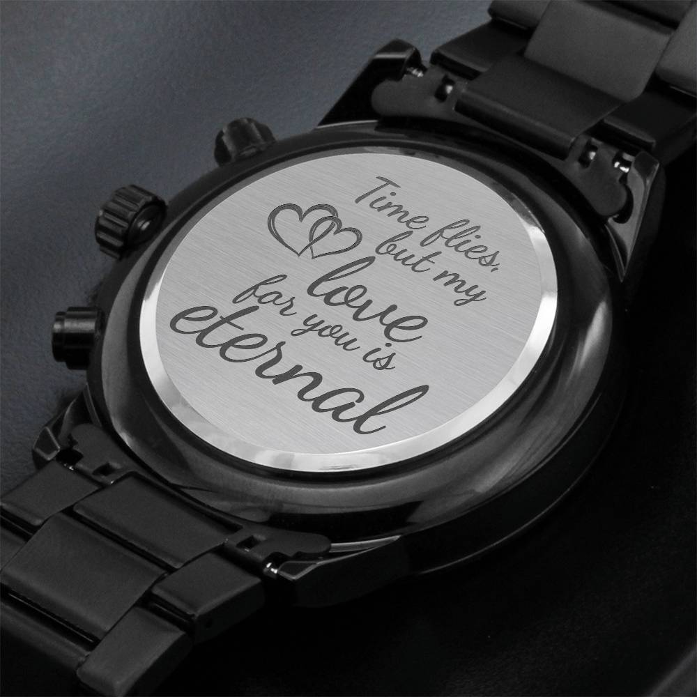 Eternal Love Engraved Black Chronograph Watch