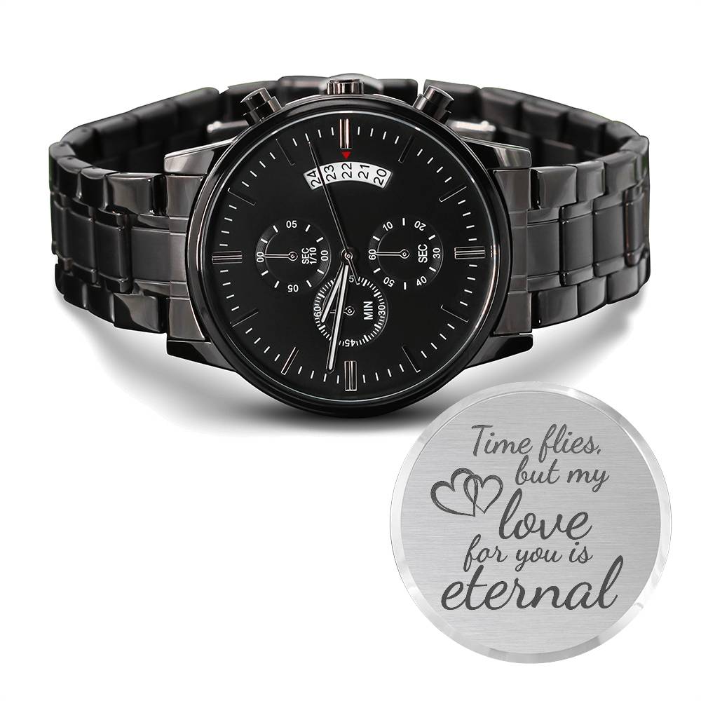 Eternal Love Engraved Black Chronograph Watch