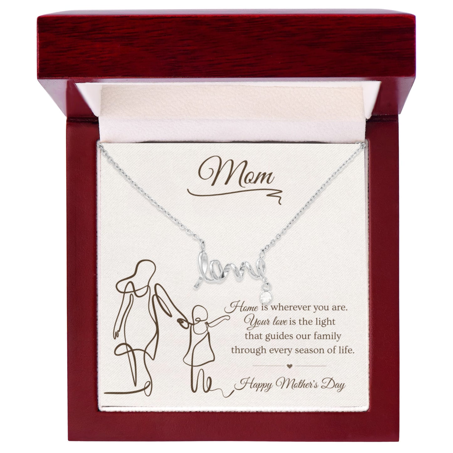 Mother's Day Gift for Mom – Love Script Necklace | Mom & Child Line Art Message Card