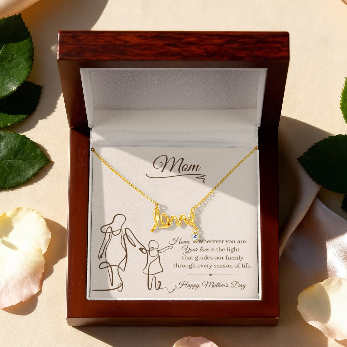 Mother's Day Gift for Mom – Love Script Necklace | Mom & Child Line Art Message Card
