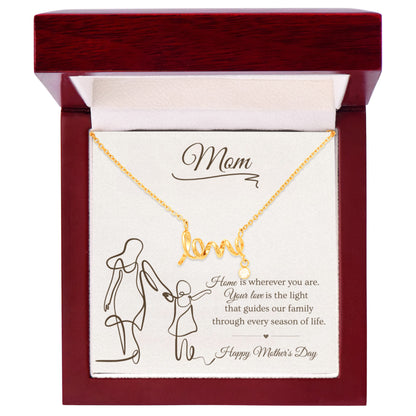 Mother's Day Gift for Mom – Love Script Necklace | Mom & Child Line Art Message Card