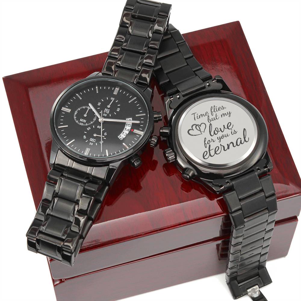 Eternal Love Engraved Black Chronograph Watch