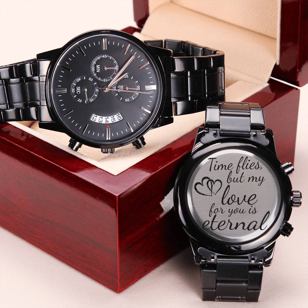 Eternal Love Engraved Black Chronograph Watch