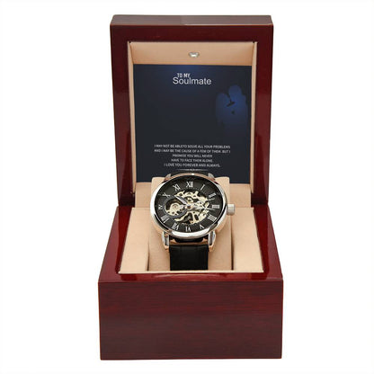 Men’s Openwork Watch – To My Soulmate Gift, Luxury Automatic Skeleton Dial, Genuine Leather Band, Romantic Anniversary or Birthday Gift for Him