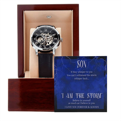 Men’s Openwork Watch – Inspirational Gift for Son, Luxury Automatic Skeleton Dial, Genuine Leather Band, Motivational Gift from Mom or Dad