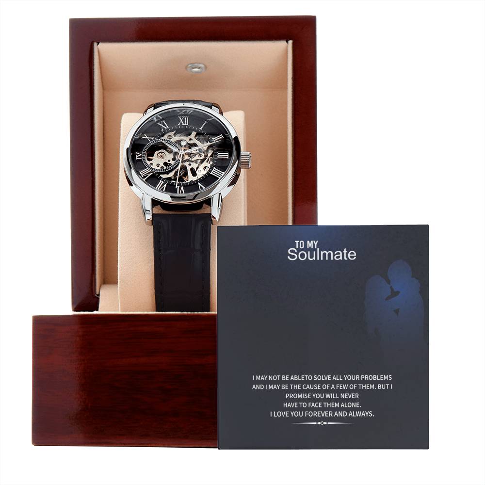 Men’s Openwork Watch – To My Soulmate Gift, Luxury Automatic Skeleton Dial, Genuine Leather Band, Romantic Anniversary or Birthday Gift for Him