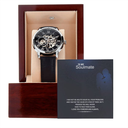 Men’s Openwork Watch – To My Soulmate Gift, Luxury Automatic Skeleton Dial, Genuine Leather Band, Romantic Anniversary or Birthday Gift for Him