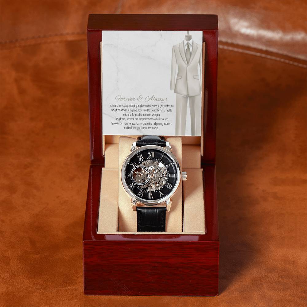 Men's Openwork Watch – Forever & Always Wedding Gift for Husband, Luxury Automatic Skeleton Dial, Genuine Leather Band, Timeless Anniversary Gift