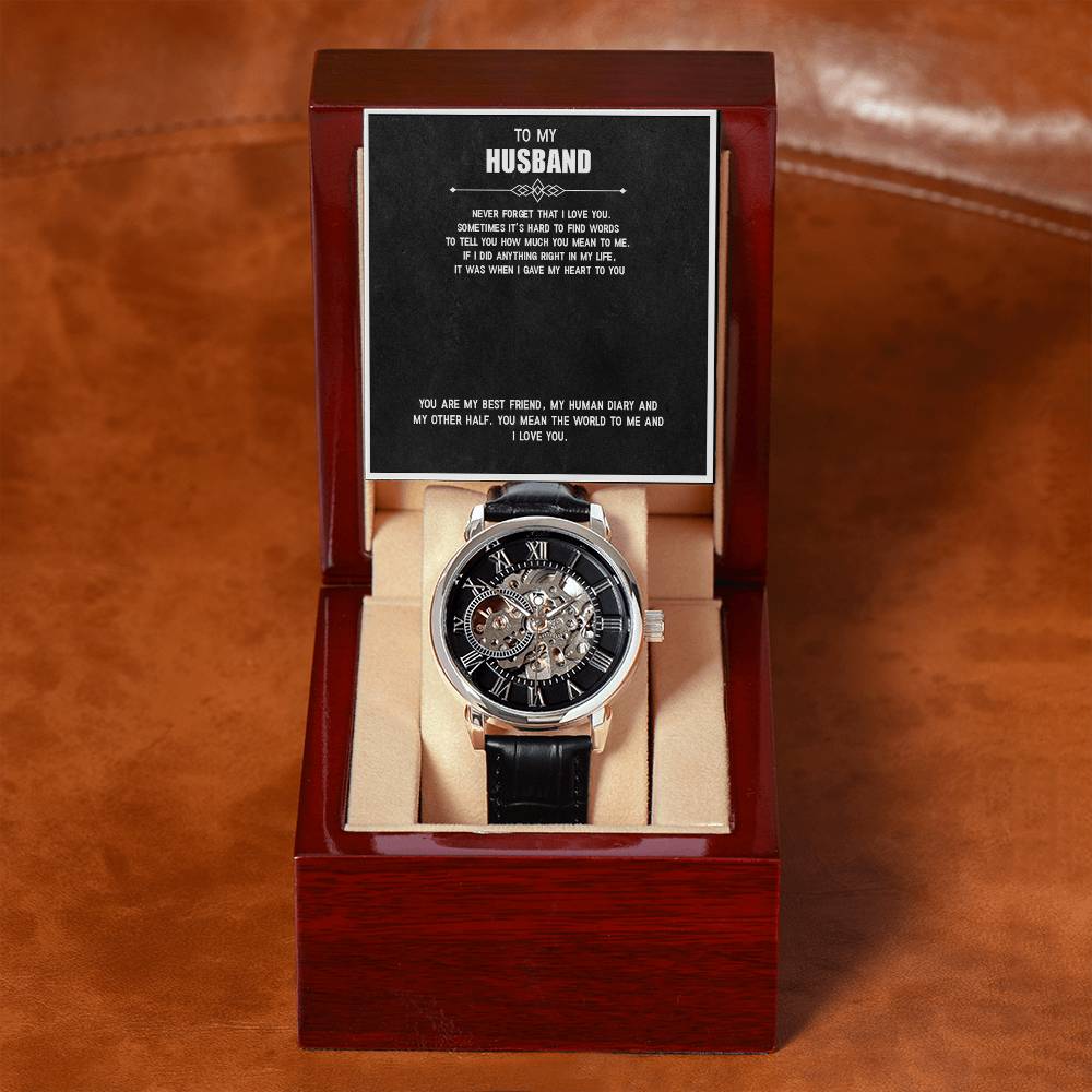 Men’s Openwork Watch – Love You Forever Gift for Husband, Luxury Automatic Skeleton Dial, Genuine Leather Band, Anniversary or Birthday Gift