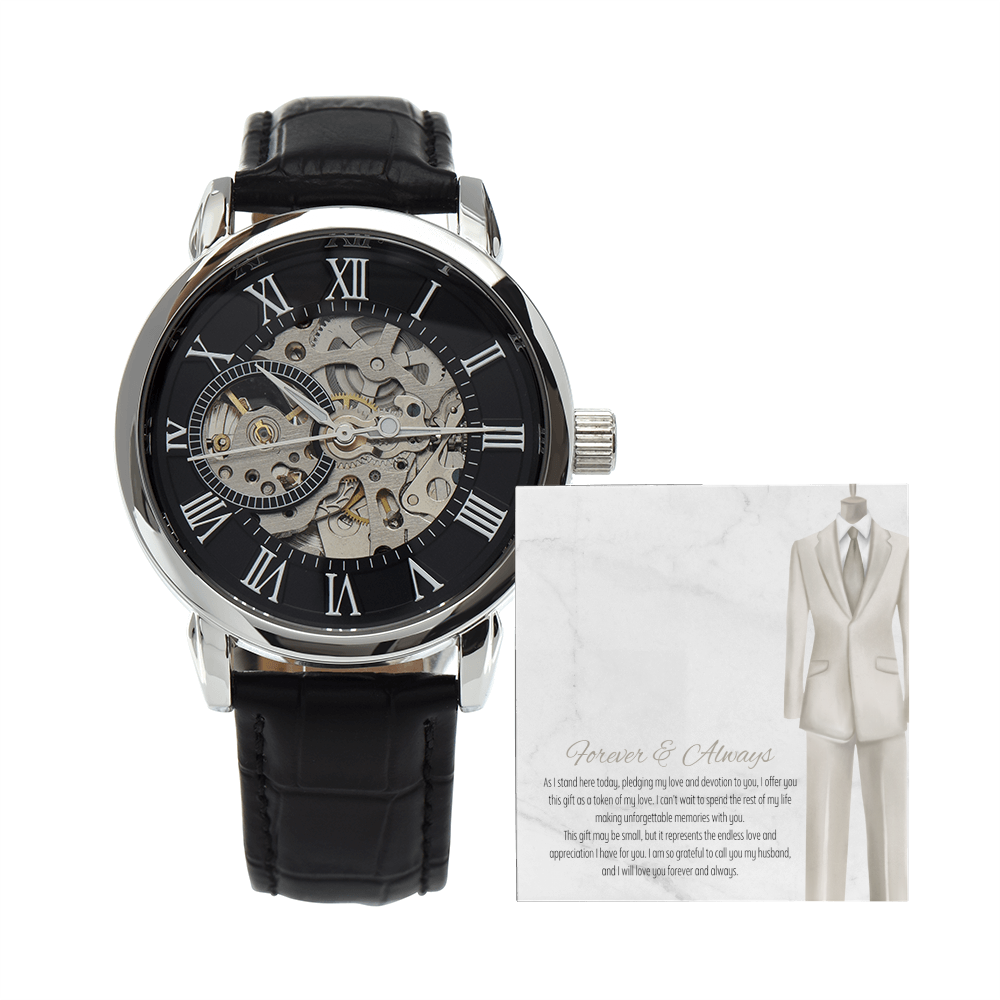 Men's Openwork Watch – Forever & Always Wedding Gift for Husband, Luxury Automatic Skeleton Dial, Genuine Leather Band, Timeless Anniversary Gift